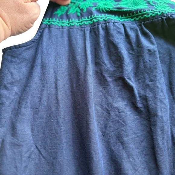 J Crew Factory Shift Dress Med Navy Blue Green Embroidered Linen‎ Blend Pockets - Picture 9 of 12